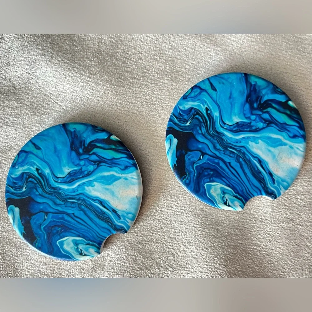 Set of 2 Blue Marble Car Cup Holder Coasters Absorbent Stone w/ Cork Back